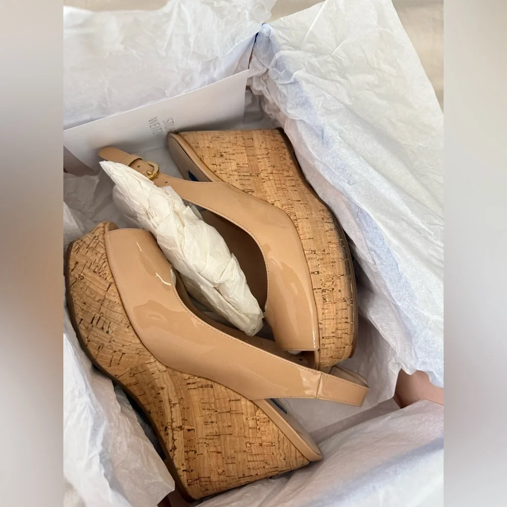 Stuart Weitzman Size 5 Jean Adobe Aniline Peep-Toe Cork Wedges in Nude Patent - Picture 8 of 11